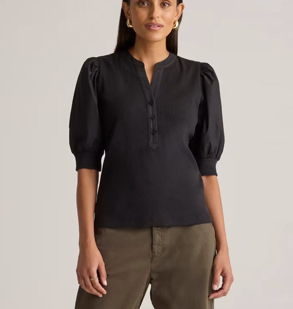 Quince Black Cotton Mixed Media Puff Sleeve Top Size M